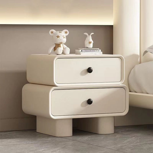 Modern Minimalist Faux Leather Solid Wood Stacked Cylinder Nightstand With 2 Drawers For Bedroom