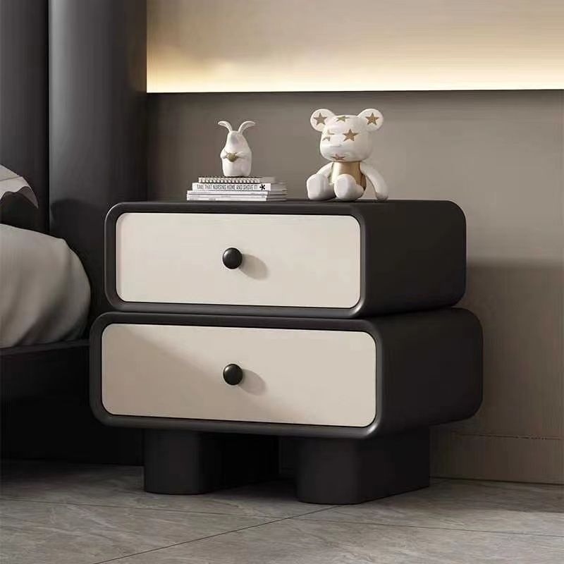 Modern Minimalist Faux Leather Solid Wood Stacked Cylinder Nightstand With 2 Drawers For Bedroom