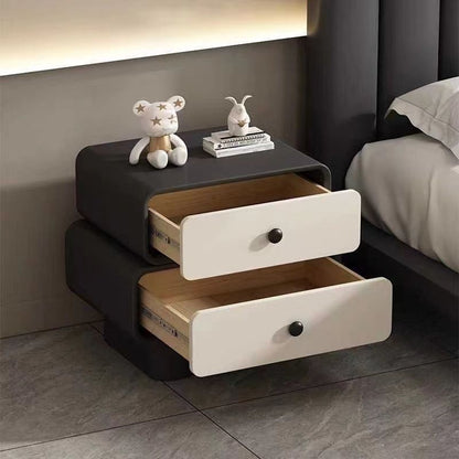 Modern Minimalist Faux Leather Solid Wood Stacked Cylinder Nightstand With 2 Drawers For Bedroom