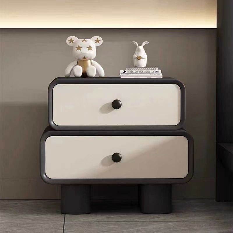 Modern Minimalist Faux Leather Solid Wood Stacked Cylinder Nightstand With 2 Drawers For Bedroom