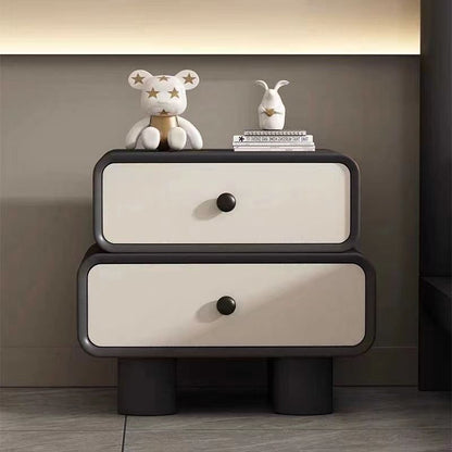 Modern Minimalist Faux Leather Solid Wood Stacked Cylinder Nightstand With 2 Drawers For Bedroom