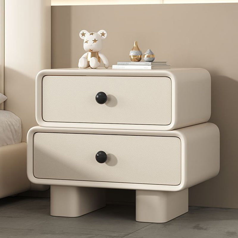 Modern Minimalist Faux Leather Solid Wood Stacked Cylinder Nightstand With 2 Drawers For Bedroom