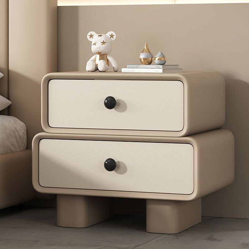 Modern Minimalist Faux Leather Solid Wood Stacked Cylinder Nightstand With 2 Drawers For Bedroom