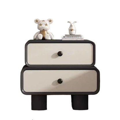 Modern Minimalist Faux Leather Solid Wood Stacked Cylinder Nightstand With 2 Drawers For Bedroom