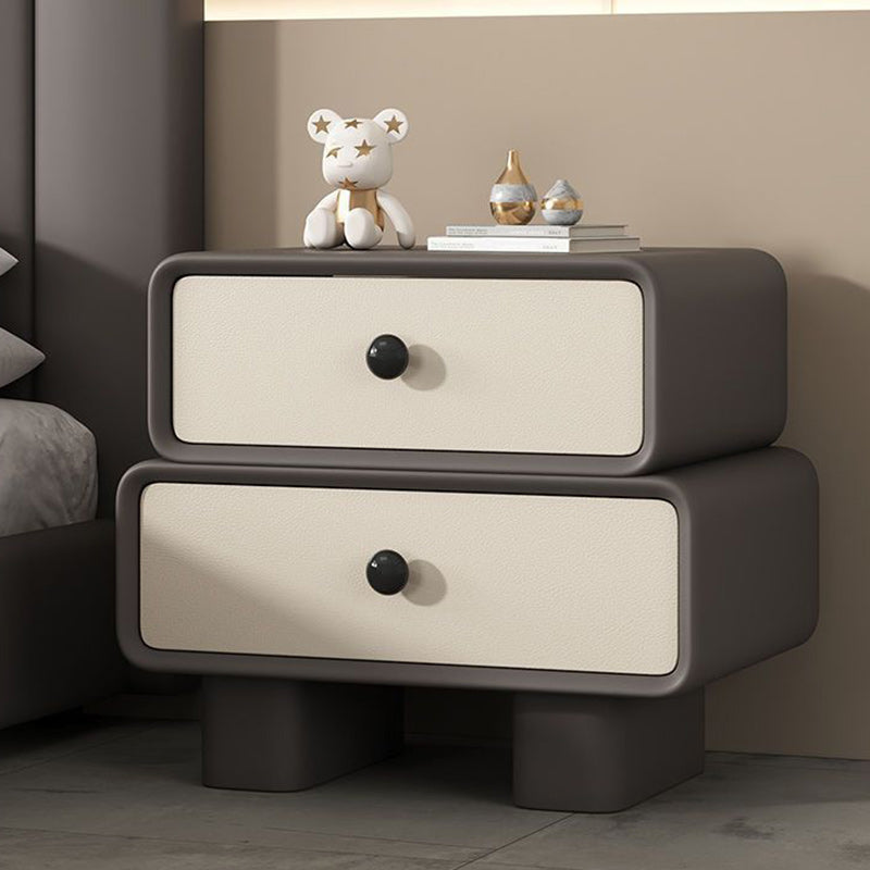 Modern Minimalist Faux Leather Solid Wood Stacked Cylinder Nightstand With 2 Drawers For Bedroom
