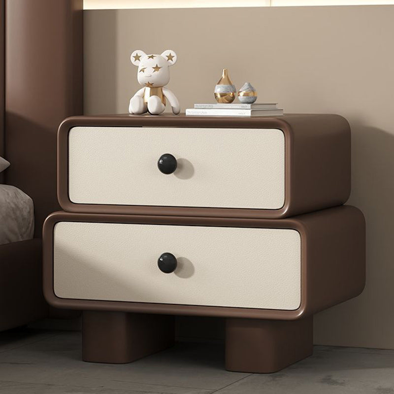 Modern Minimalist Faux Leather Solid Wood Stacked Cylinder Nightstand With 2 Drawers For Bedroom