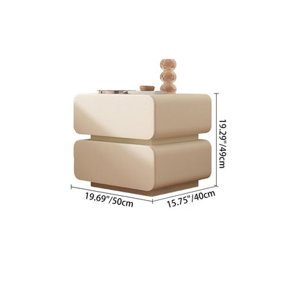 Modern Minimalist Solid Wood Faux Leather Metal Rounded Nightstand With 2 Drawers For Bedroom