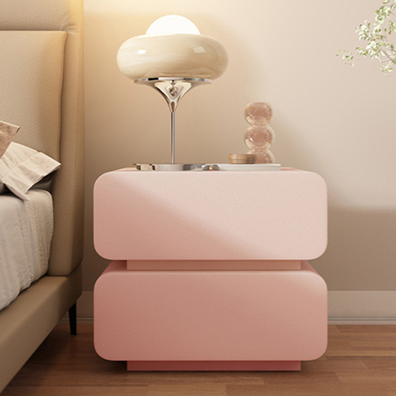 Modern Minimalist Solid Wood Faux Leather Metal Rounded Nightstand With 2 Drawers For Bedroom