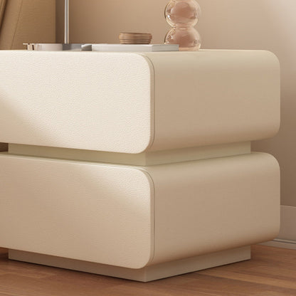 Modern Minimalist Solid Wood Faux Leather Metal Rounded Nightstand With 2 Drawers For Bedroom