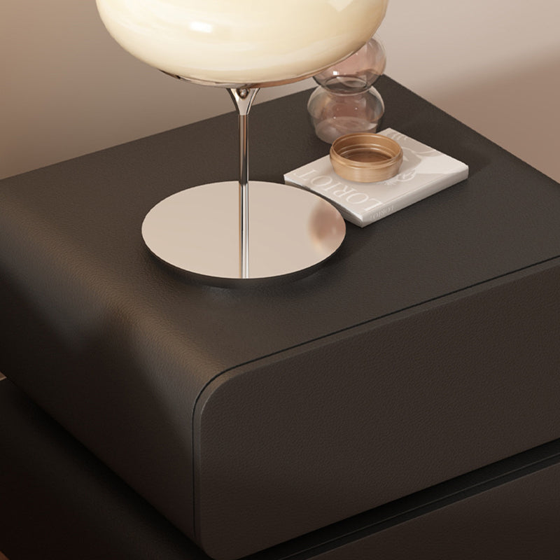 Modern Minimalist Solid Wood Faux Leather Metal Rounded Nightstand With 2 Drawers For Bedroom