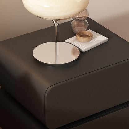 Modern Minimalist Solid Wood Faux Leather Metal Rounded Nightstand With 2 Drawers For Bedroom