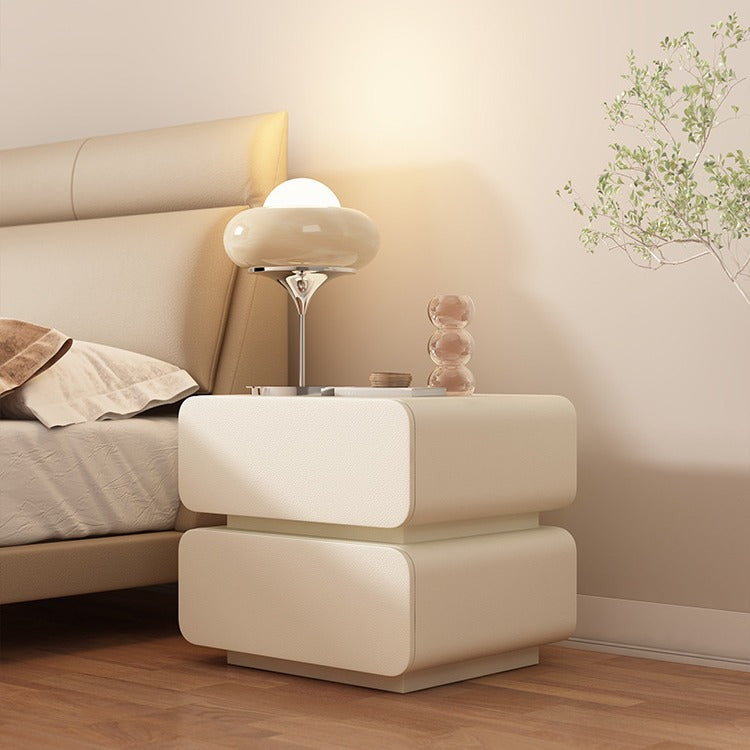 Modern Minimalist Solid Wood Faux Leather Metal Rounded Nightstand With 2 Drawers For Bedroom