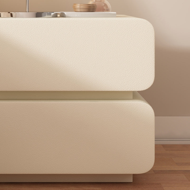 Modern Minimalist Solid Wood Faux Leather Metal Rounded Nightstand With 2 Drawers For Bedroom
