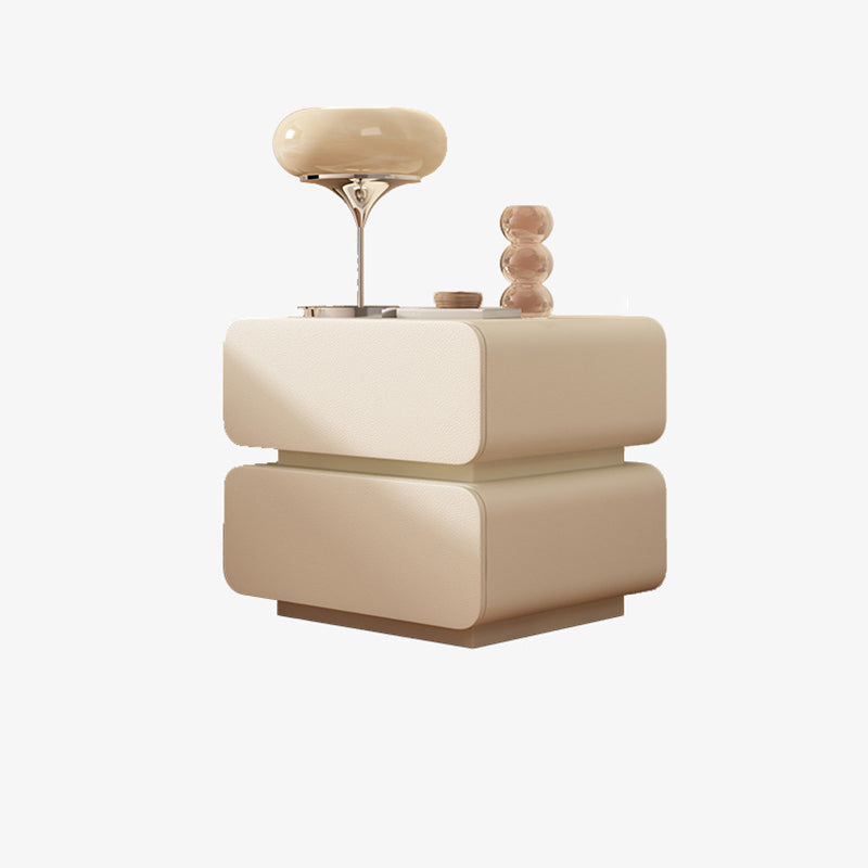 Modern Minimalist Solid Wood Faux Leather Metal Rounded Nightstand With 2 Drawers For Bedroom