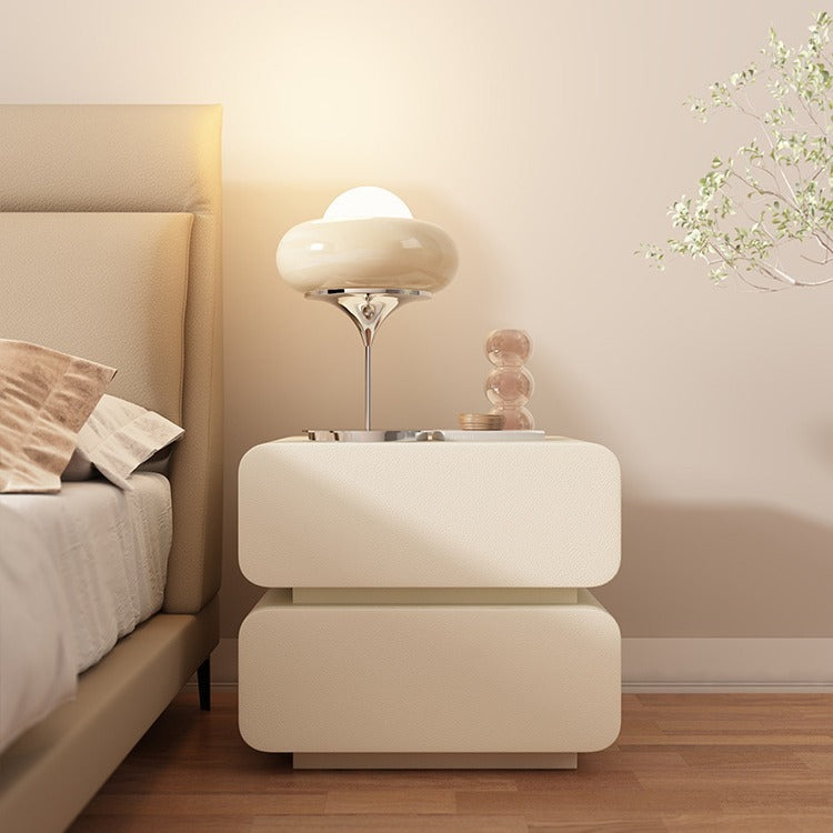 Modern Minimalist Solid Wood Faux Leather Metal Rounded Nightstand With 2 Drawers For Bedroom