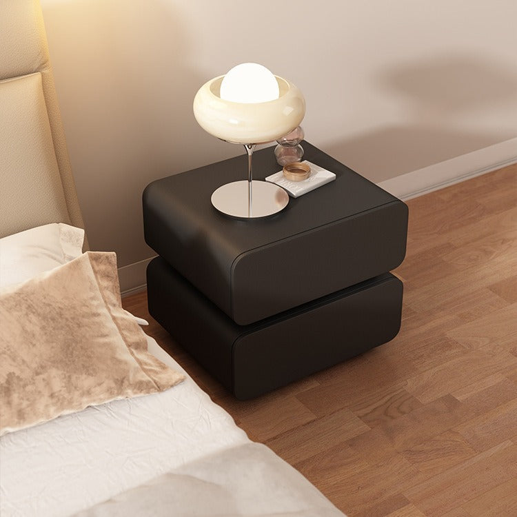Modern Minimalist Solid Wood Faux Leather Metal Rounded Nightstand With 2 Drawers For Bedroom