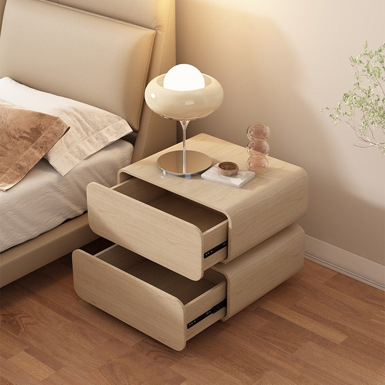 Modern Minimalist Solid Wood Faux Leather Metal Rounded Nightstand With 2 Drawers For Bedroom