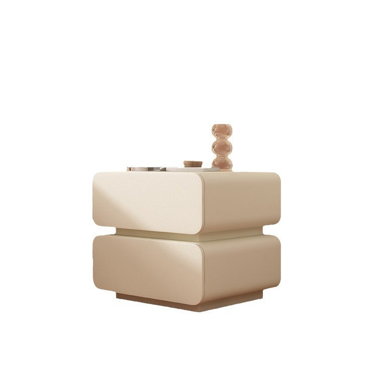 Modern Minimalist Solid Wood Faux Leather Metal Rounded Nightstand With 2 Drawers For Bedroom