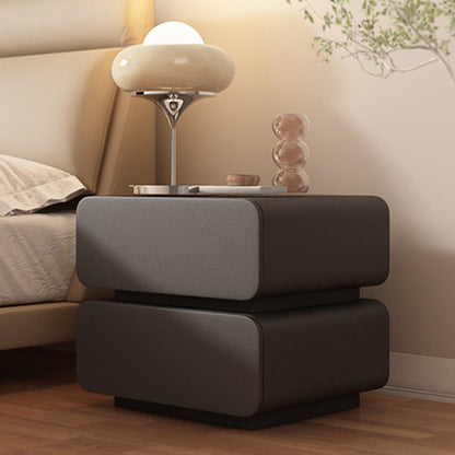 Modern Minimalist Solid Wood Faux Leather Metal Rounded Nightstand With 2 Drawers For Bedroom