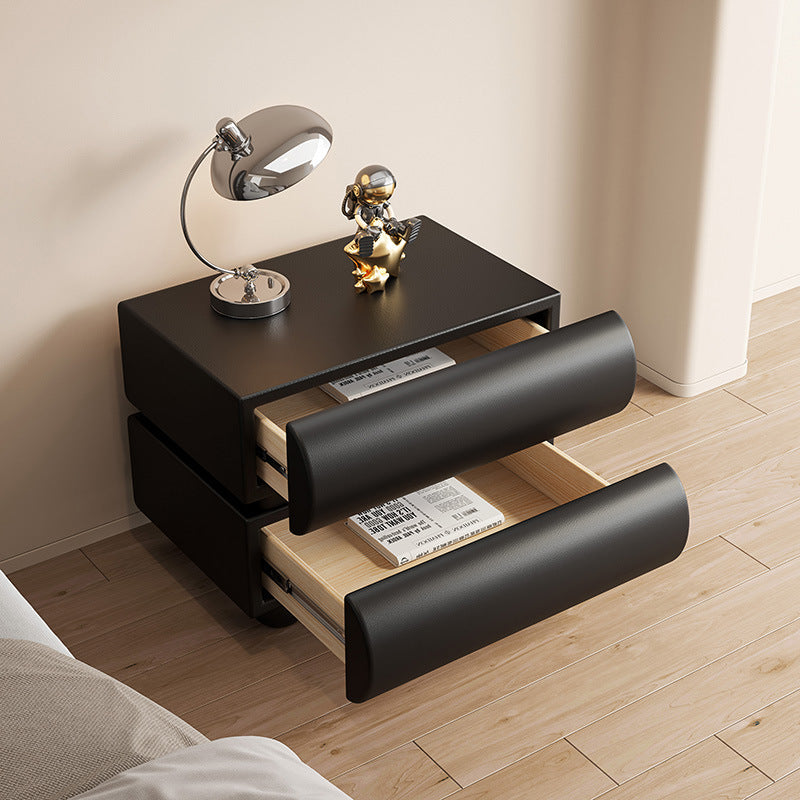 Modern Luxury Faux Leather Solid Wood Square Nightstand With 2 Drawers For Bedroom