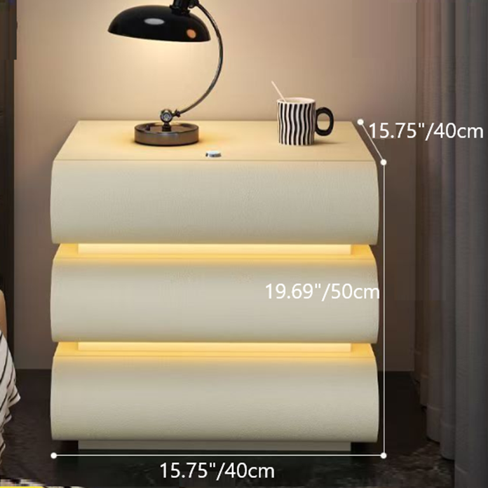 Modern Luxury Faux Leather Solid Wood Metal Curved Nightstand With 3 Drawers For Bedroom