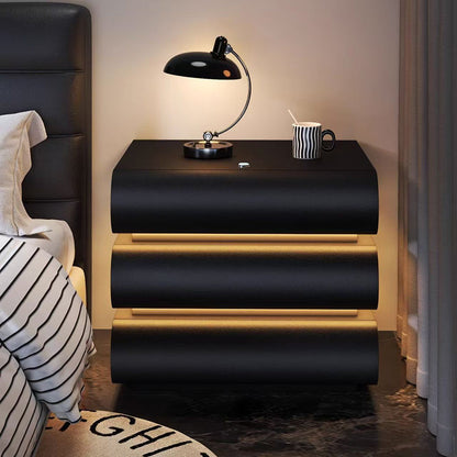 Modern Luxury Faux Leather Solid Wood Metal Curved Nightstand With 3 Drawers For Bedroom