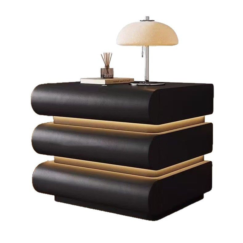 Modern Luxury Faux Leather Solid Wood Metal Curved Nightstand With 3 Drawers For Bedroom