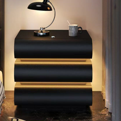 Modern Luxury Faux Leather Solid Wood Metal Curved Nightstand With 3 Drawers For Bedroom