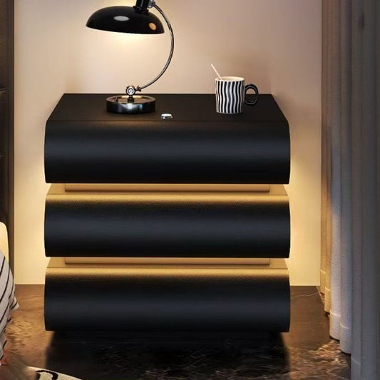 Modern Luxury Faux Leather Solid Wood Metal Curved Nightstand With 3 Drawers For Bedroom