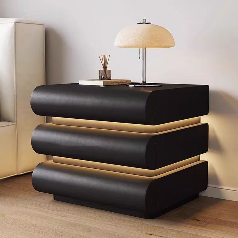 Modern Luxury Faux Leather Solid Wood Metal Curved Nightstand With 3 Drawers For Bedroom