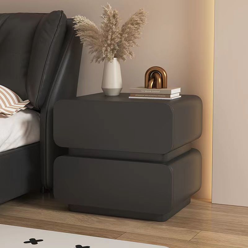Modern Minimalist Soft Faux Leather Solid Wood Rounded Nightstand With 2 Drawers For Bedroom