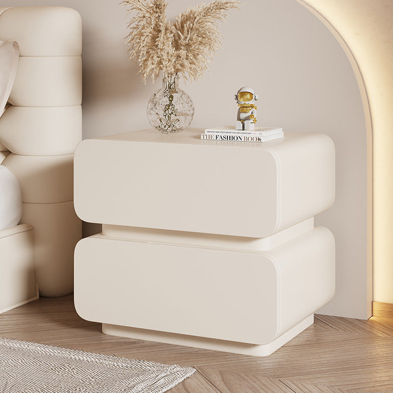Modern Minimalist Soft Faux Leather Solid Wood Rounded Nightstand With 2 Drawers For Bedroom
