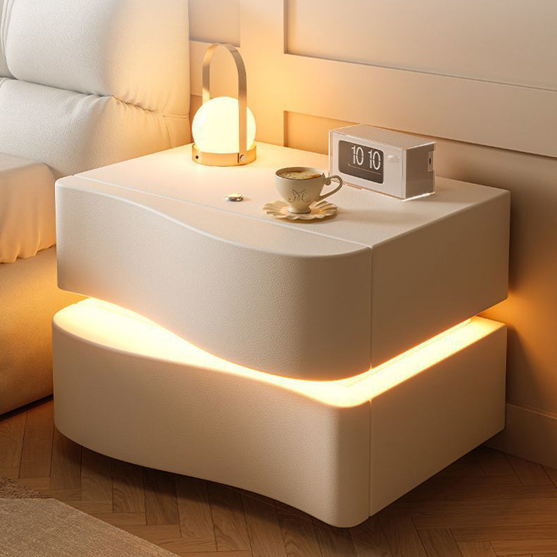 Contemporary Creative Napa Leather Solid Wood Metal Curved Square Nightstand With 2 Drawers For Bedroom