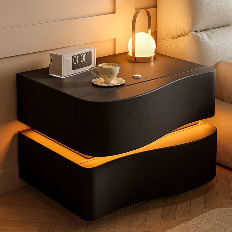Contemporary Creative Napa Leather Solid Wood Metal Curved Square Nightstand With 2 Drawers For Bedroom
