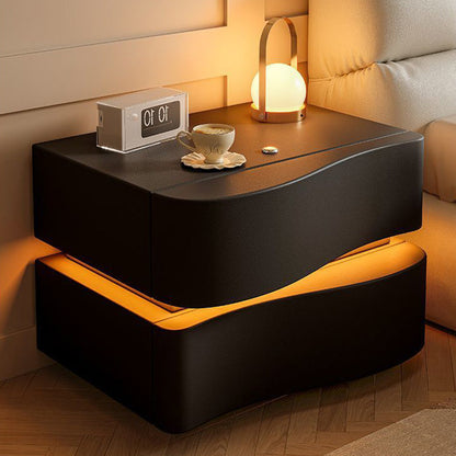 Contemporary Creative Napa Leather Solid Wood Metal Curved Square Nightstand With 2 Drawers For Bedroom