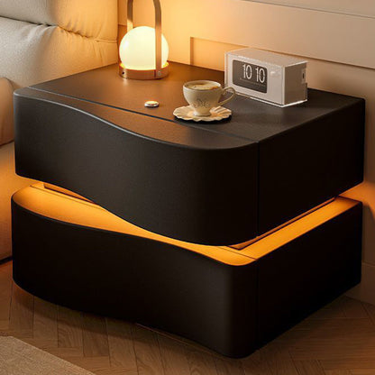 Contemporary Creative Napa Leather Solid Wood Metal Curved Square Nightstand With 2 Drawers For Bedroom