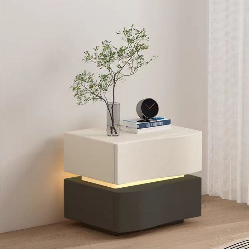 Contemporary Creative Napa Leather Solid Wood Metal Curved Square Nightstand With 2 Drawers For Bedroom