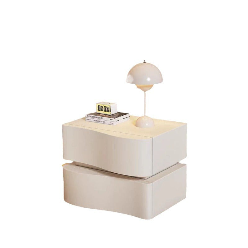 Contemporary Creative Napa Leather Solid Wood Metal Curved Square Nightstand With 2 Drawers For Bedroom