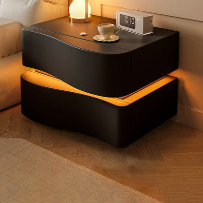 Contemporary Creative Napa Leather Solid Wood Metal Curved Square Nightstand With 2 Drawers For Bedroom