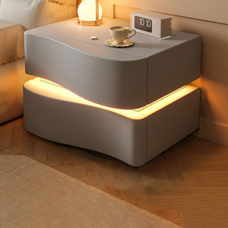 Contemporary Creative Napa Leather Solid Wood Metal Curved Square Nightstand With 2 Drawers For Bedroom