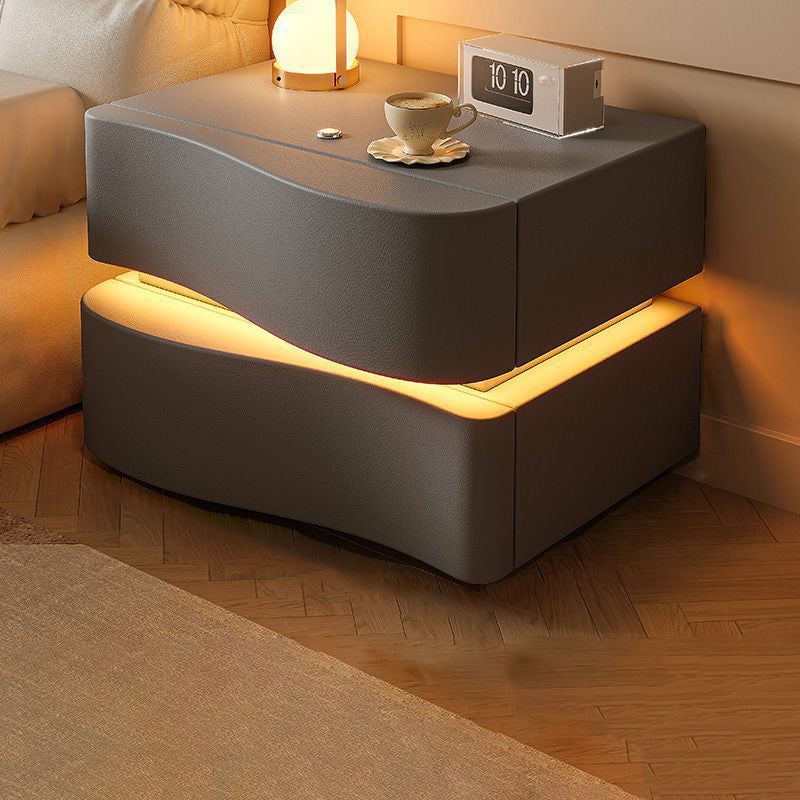 Contemporary Creative Napa Leather Solid Wood Metal Curved Square Nightstand With 2 Drawers For Bedroom