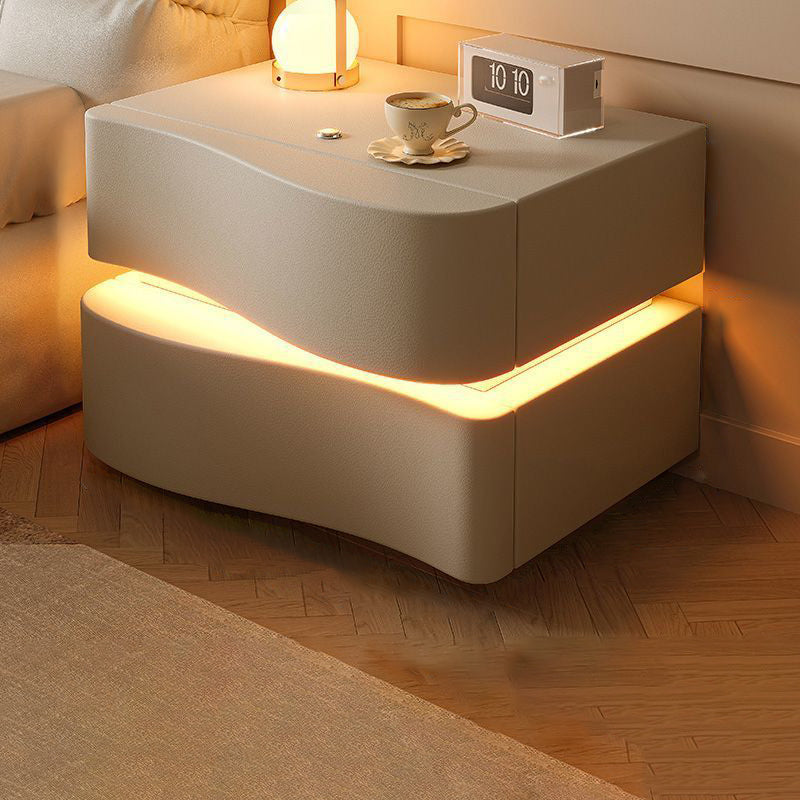 Contemporary Creative Napa Leather Solid Wood Metal Curved Square Nightstand With 2 Drawers For Bedroom