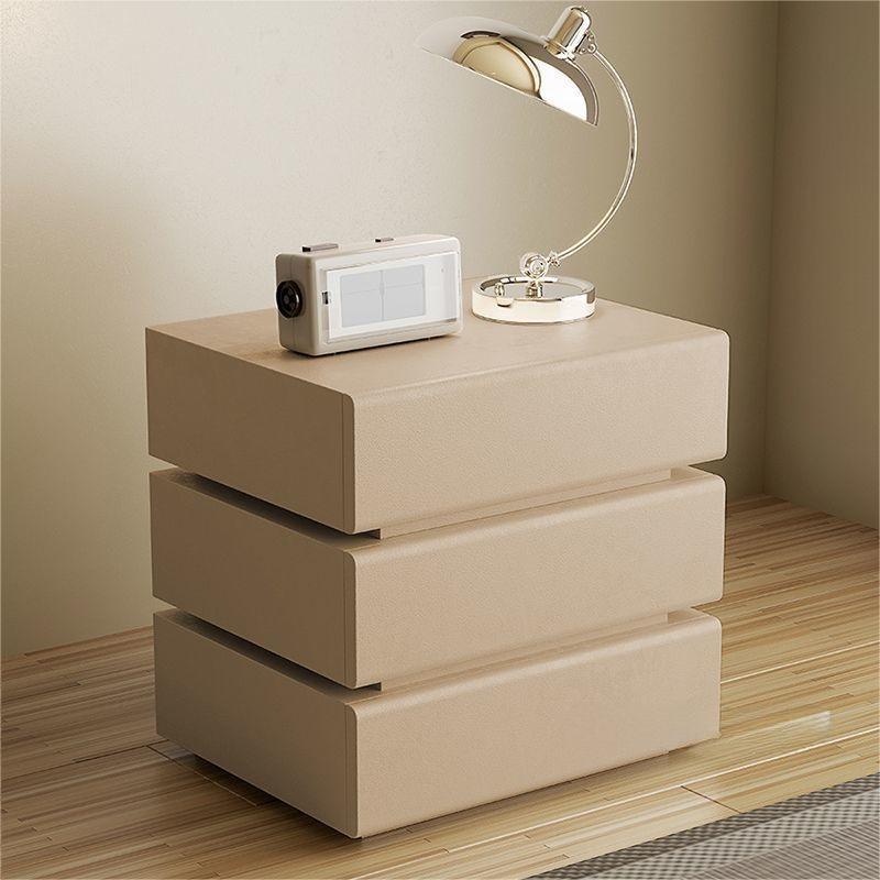 Contemporary Scandinavian Solid Wood Microfiber Leather Metal Rounded Rectangle Nightstand With 2/3 Drawers For Bedroom
