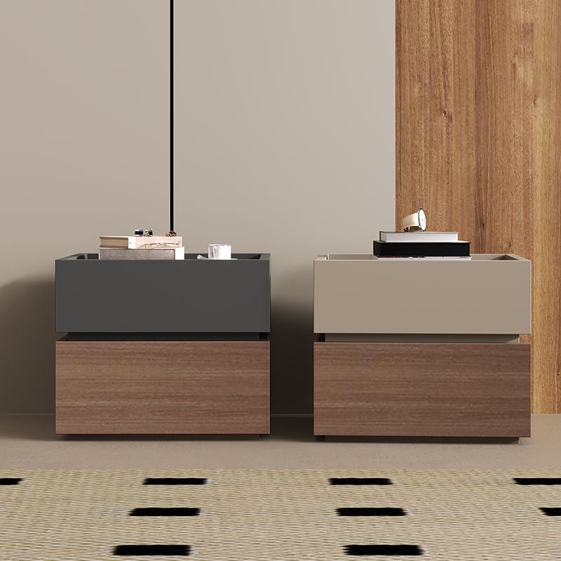 Modern Luxury Solid Wood Metal Square Nightstand 2-Drawer For Bedroom