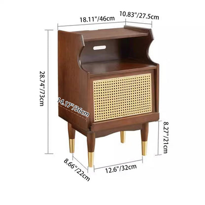 Traditional Vintage Solid Wood Glass Rattan Curved Square Nightstand 2-Tier For Bedroom