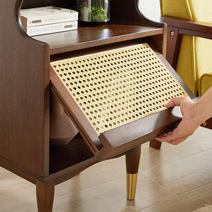 Traditional Vintage Solid Wood Glass Rattan Curved Square Nightstand 2-Tier For Bedroom