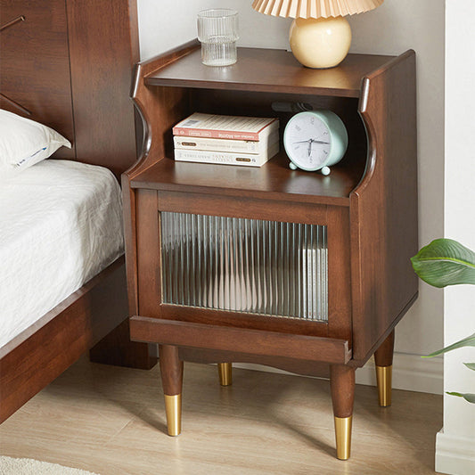 Traditional Vintage Solid Wood Glass Rattan Curved Square Nightstand 2-Tier For Bedroom