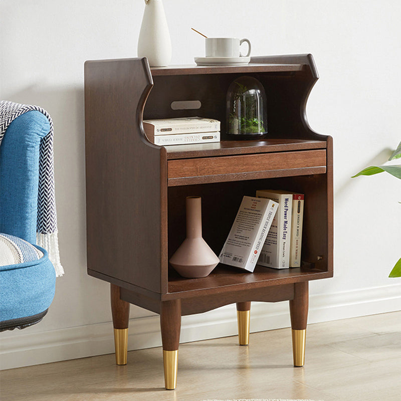 Traditional Vintage Solid Wood Glass Rattan Curved Square Nightstand 2-Tier For Bedroom