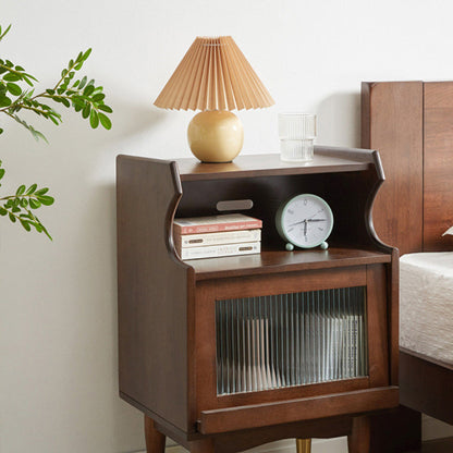 Traditional Vintage Solid Wood Glass Rattan Curved Square Nightstand 2-Tier For Bedroom