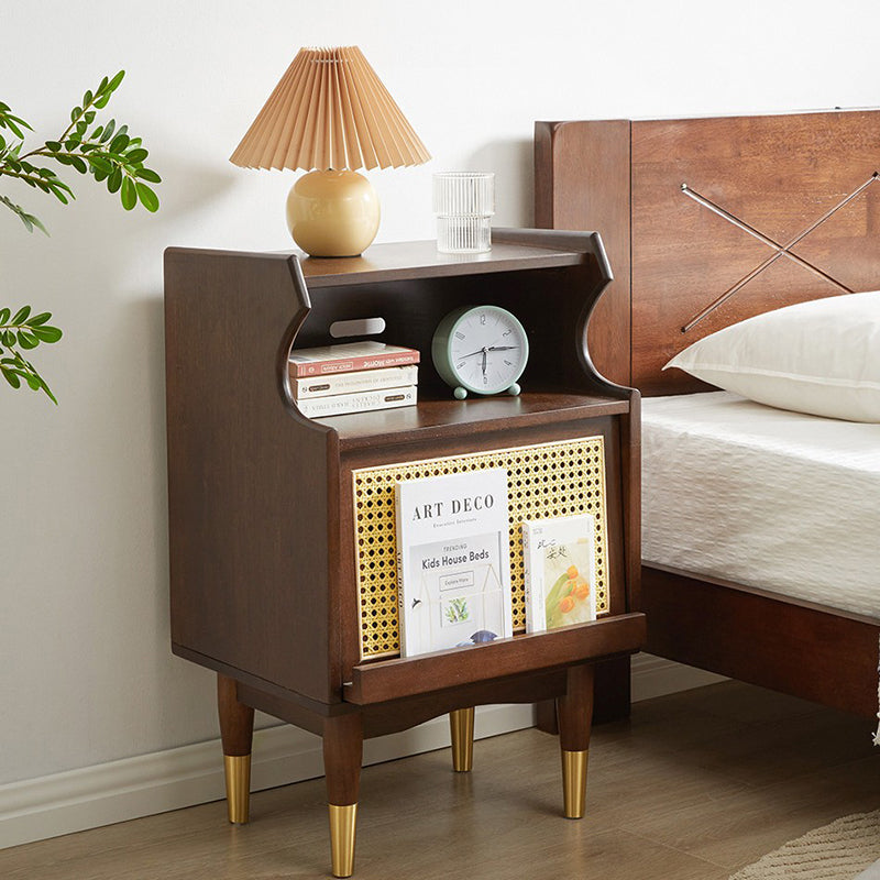 Traditional Vintage Solid Wood Glass Rattan Curved Square Nightstand 2-Tier For Bedroom